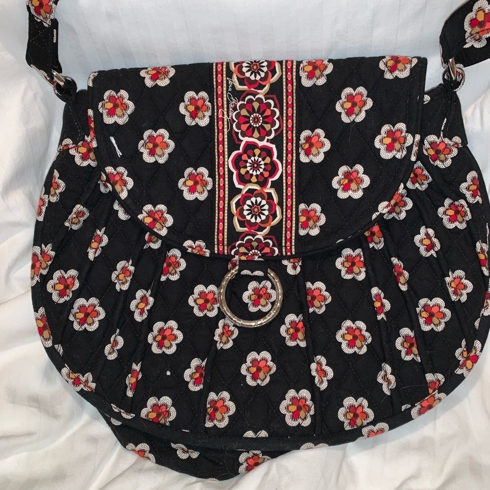 Vera Bradley Black Red Floral Pattern Round Quilted Shoulder Bag Flap Closure